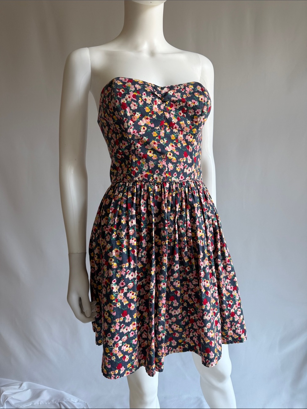 Jack Wills 100% cotton Navy Strapless Floral Fit & Flare Dress with Pink Flowers